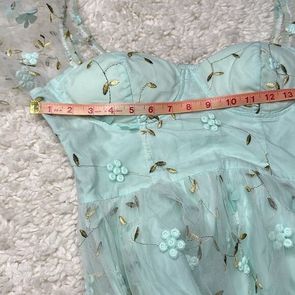 Aqua Floral Whimsical Flower Balloon Bubble Sleeves Girly MIDI Dress R5 - Picture 4 of 11